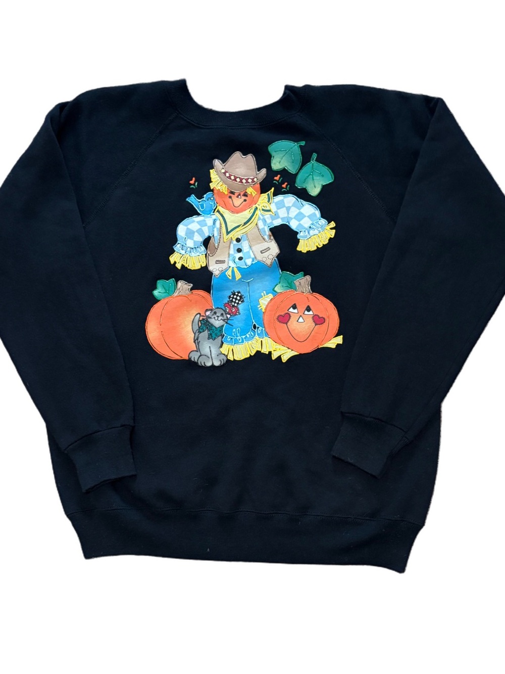 Vintage 90s Halloween Sweatshirt Scarecrow Pumpkin Cat Appliqué - large - Picture 2 of 5